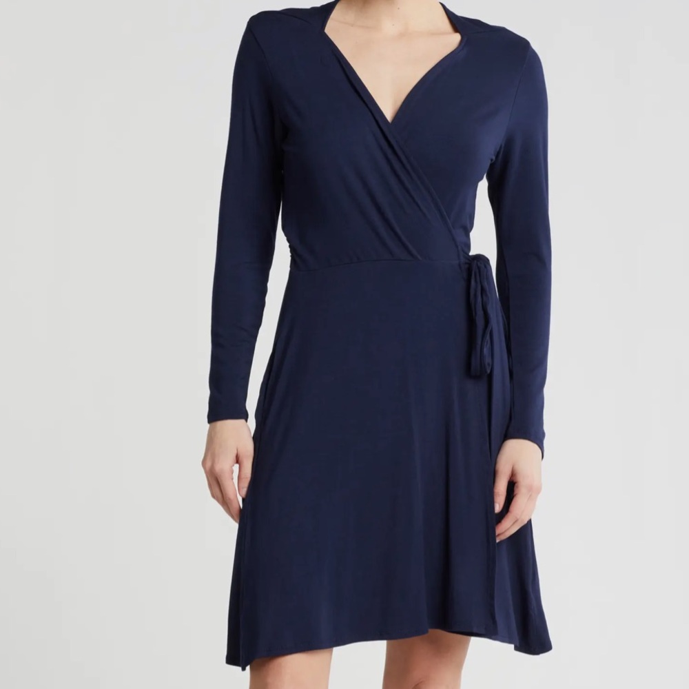 Loveappella Elegant Navy Long Sleeve Jersey Wrap Dress